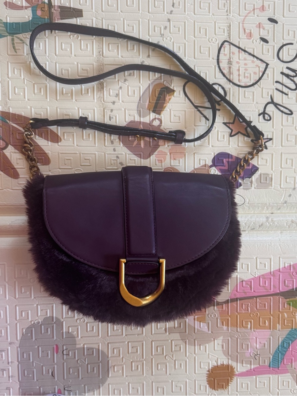 Purple Faux Fur & Leather Crossbody Bag with Gold Hardware